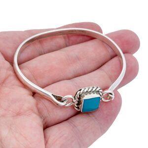 Vintage Mexico Taxco TR-15 925 Sterling Silver Blue Enamel Bangle Bracelet 6.5"